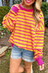 Stripe Trimmed Round Neck Drop Shoulder Loose Sweater